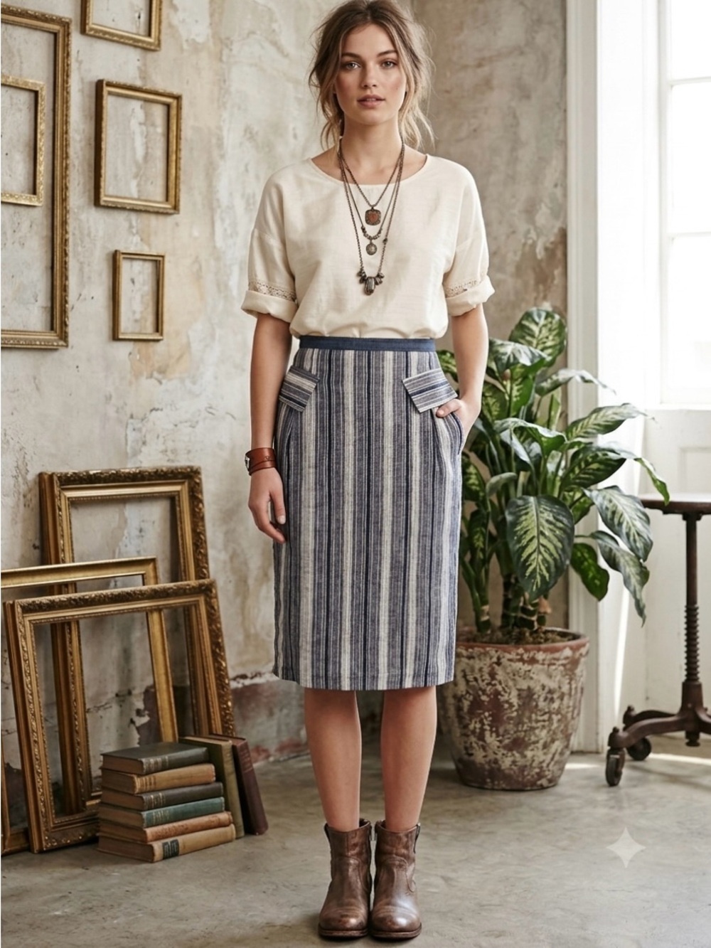 Eva Franco Y2K “Ruse” Blue Cream Striped Pencil Skirt 8 Linen